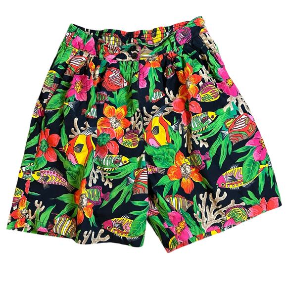 Vintage 90s Pleated Shorts 28x7 Elastic Waist High Rise Tropical Fish Pink Green - Picture 2 of 4
